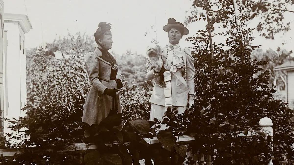 The only known photograph of Rose Cleveland, left, and Evangeline Simpson Whipple together, taken at Whipple’s estate in Wayland, Mass., circa 1893. (Kingmill Marrs Photographs/Massachusetts Historical Society)